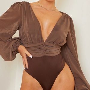 Chocolate Mesh Ruched Waistband Bodysuit